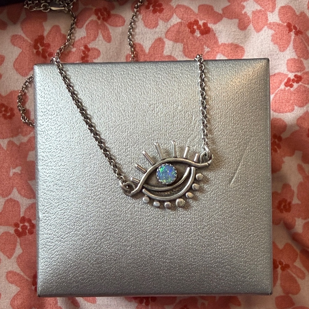 Silver Eye Pendant Necklace with Opal